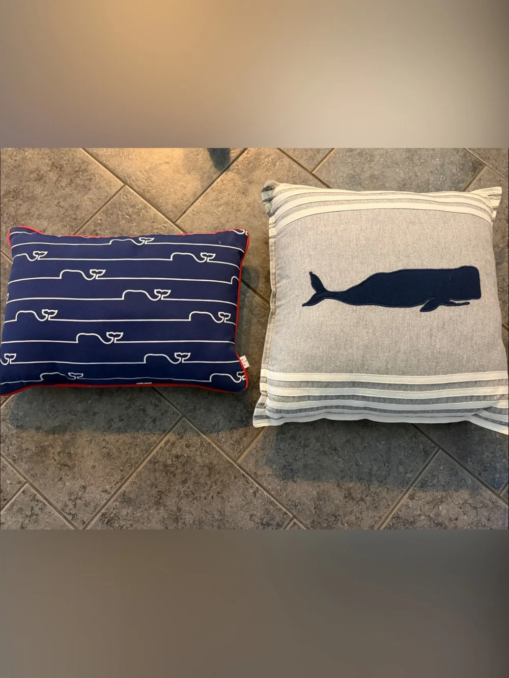 Vineyard Vines Navy Pillow with White Stripe and Red Piping and Nautica Whales